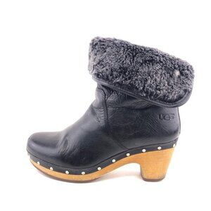 UGG Lynnea Black Leather Sheepskin Cuff Winter Boots 6